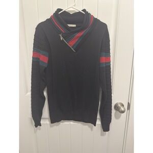 LCR Black Edition Shawl Collar Zip Pullover Sweater Black Red Green Striped M